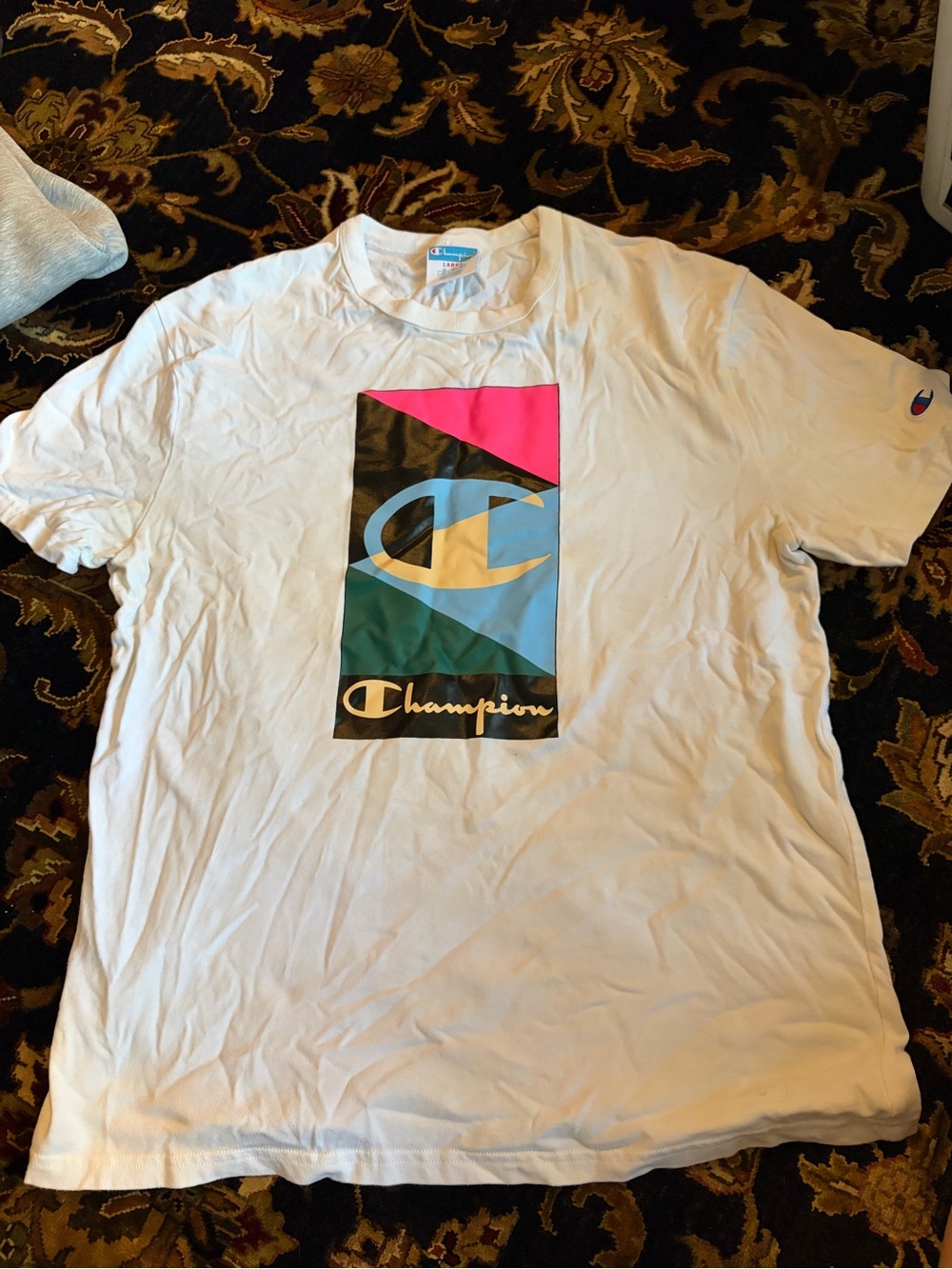 Champion White Short Sleeve Tee with Multicolor Geometric Logo
